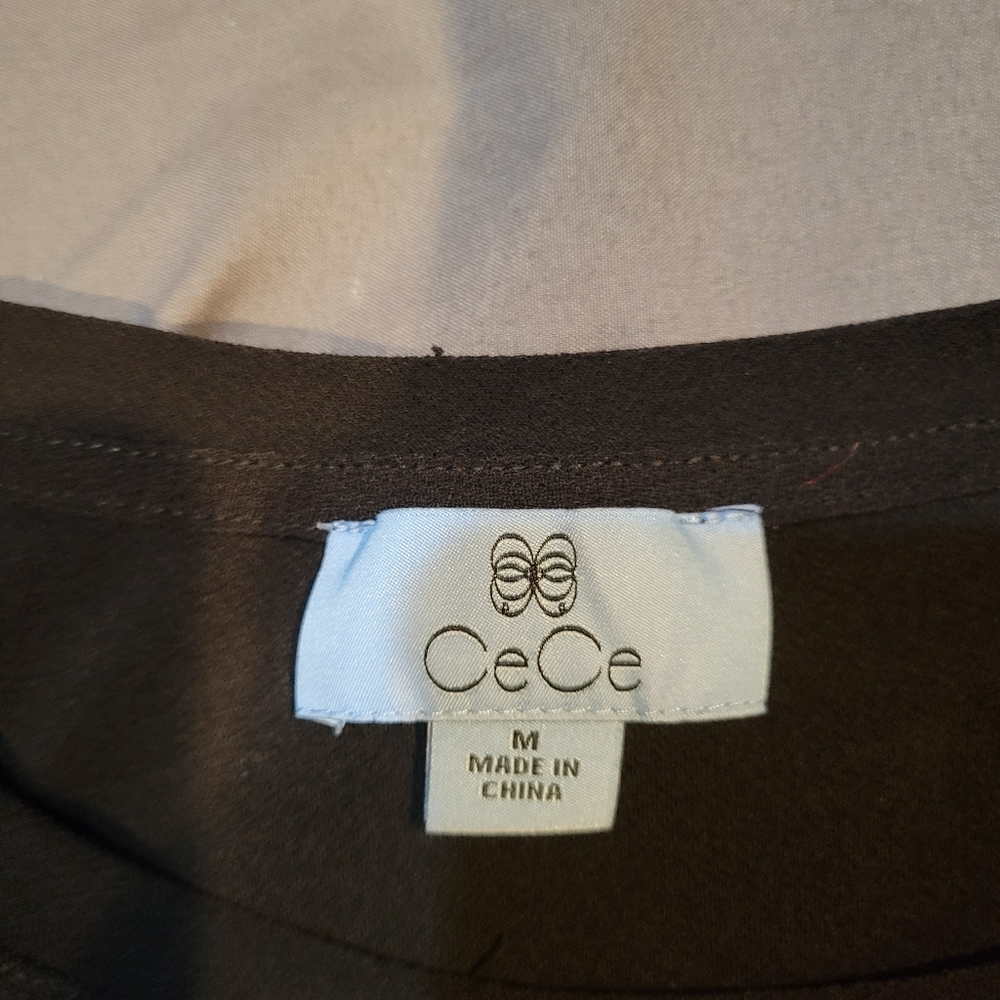 CeCe Balloon Sleeve Solid Black Round Neck Workwear Goth Blouse | Medium - Picture 6 of 7